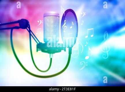 Microphone avec notes de musique sur fond abstrait. illustration 3d. Banque D'Images