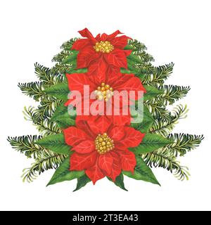 Composition d'aquarelle de Noël avec des branches de sapin vert, fleur de poinsettia rouge et bougies. Illustration isolée sur fond blanc Banque D'Images