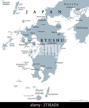 Kyushu, carte politique grise. L'une des cinq îles principales du Japon, au sud-ouest de Honshu et Shikoku, séparées par la mer intérieure de Seto. Banque D'Images