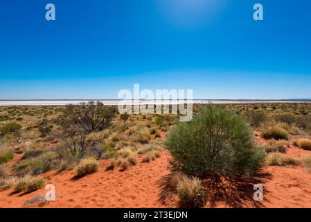 Un bac à sel ou un lac salé près du belvédère du Mont Conner, qui fait partie de la collection de lacs salés du Grand Lac Amadeus dans le territoire du Nord, en Australie Banque D'Images