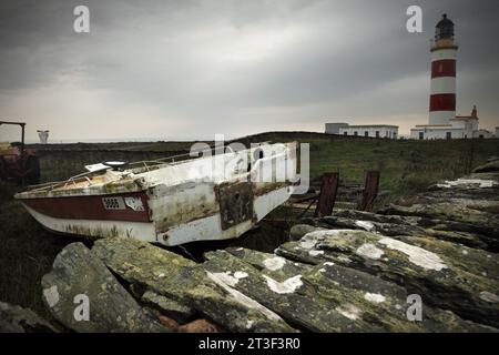 Pointe du phare d'Ayre, conçu par Robert Stevenson, île de Man Banque D'Images