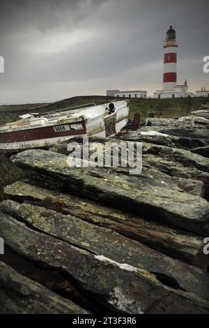 Pointe du phare d'Ayre, conçu par Robert Stevenson, île de Man Banque D'Images