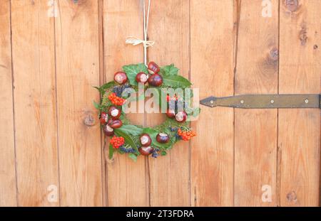 Couronne d'automne avec des châtaignes de cheval, des feuilles de lierre et des baies, accrochée à une porte en bois Banque D'Images