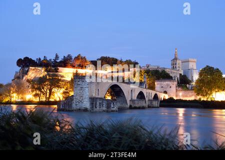 La France, Vaucluse, Avignon, le pont Saint Bénézet sur le Rhône datant du 12ème siècle avec la cathédrale en arrière-plan de Doms datant du 12ème siècle et le palais des papes dans la liste du patrimoine mondial de l'UNESCO Banque D'Images
