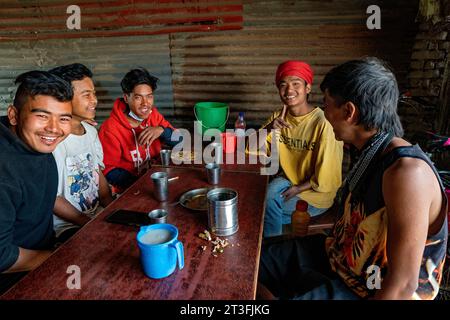 Népal, vallée de Katmandou, briqueteries près de Bhaktapur, ouvriers buvant du chang, de l'alcool local Banque D'Images