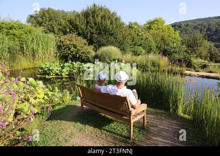 Nature, végétation, bassins d’eau, balades, calme dans les Jardins« d’eau » en Périgord Noir. Carsac-Aillac, Dordogne, Périgord, France, UE Banque D'Images