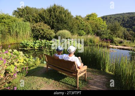 Nature, végétation, bassins d’eau, balades, calme dans les Jardins« d’eau » en Périgord Noir. Carsac-Aillac, Dordogne, Périgord, France, UE Banque D'Images