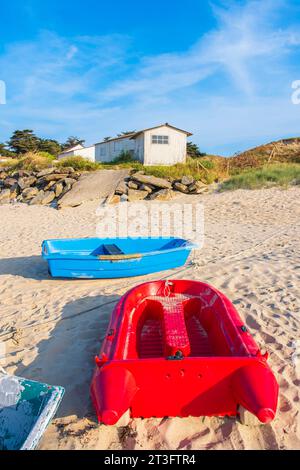 France, Vendée, Ile d'Yeu, côte dunaire (côte nord-est), cabanes de pêcheurs le long de la plage du Marais Salé Banque D'Images