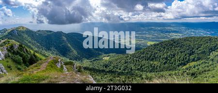 Col du Grand Colombier. Vue sur le Col du Grand Colombier, la forêt, la route, le lac du Bourget et la crête montagneuse derrière Banque D'Images