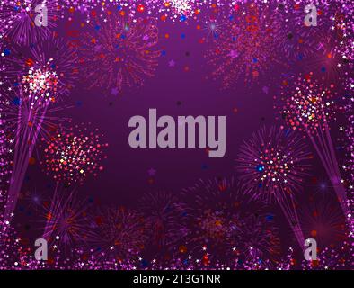 Arrière-plan de vacances. Couleur violette, confettis scintillants, feux d'artifice brillants. Design expressif festif. Modèle de carte de vœux. Concept de carte postale ou de bannière. Illustration de Vecteur