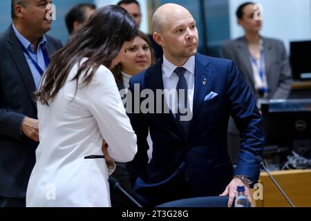 Bruxelles, Belgique. 25 octobre 2023. Petri Salminen, arrive au Sommet social tripartite à Bruxelles, Belgique, le 25 octobre 2023. Crédit : ALEXANDROS MICHAILIDIS/Alamy Live News Banque D'Images