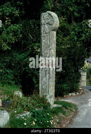 Vue au ne de la croix médiévale de Polrode en bordure de route réérigée dans le cimetière de St Kew, Cornouailles, Angleterre, Royaume-Uni, en 1925 : une croix maltaise à tête de roue en granit. Banque D'Images