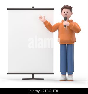 Illustration 3D de l'homme d'affaires souriant Qadir avec Blank Board comme présentation de l'information, instruction ou publicité, maquette de tableau de conférence de produit. Banque D'Images