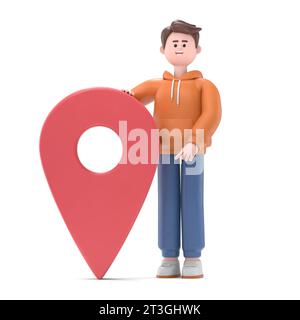 Illustration 3D d'un homme Qadir dans un point d'intérêt. POI. Concept GPS. Rendu 3D sur fond blanc. Banque D'Images