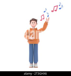 Illustration 3D de gars masculin Qadir Singer et notes.3D rendu sur fond blanc. Banque D'Images