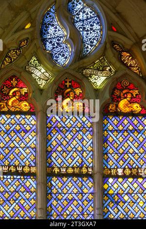 France, meurthe et Moselle, Saint Nicolas de Port, basilique Saint Nicolas de Port construite au début du 16e siècle après la victoire du duc René le second sur Charles le temeraire à la bataille de Nancy grâce à l'intercession de Saint Nicolas Saint patron de la Lorraine, sanctuaire national des habitants de Lorraine. Vitrail situé dans la chapelle Sainte Barbe représentant les semis de fleurs de lilly et la devise du duc Antoine faite pendant la seconde moitié du 19e siècle Banque D'Images