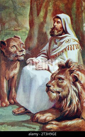 Illustration de Daniel dans la poule des Lions (Livre de Daniel) ancien Testament dans la Bible du 19e siècle Banque D'Images