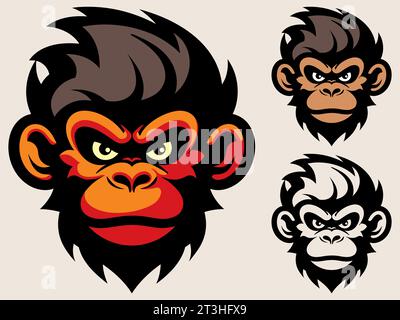 Illustration audacieuse de mascotte ou de logo d'un visage de singe avec des reflets rouges et orangés, mettant en valeur une expression intense et féroce. Illustration de Vecteur