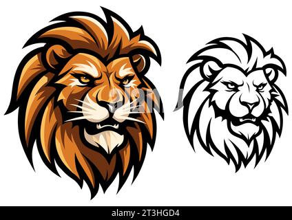 Illustration de mascotte de visage de lion féroce avec des yeux intenses, crinière proéminente, et traits pointus. Illustration de Vecteur