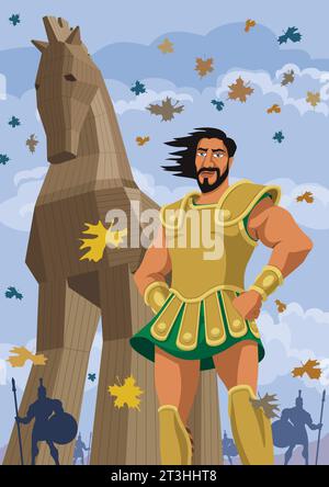 Odysseus se dresse en toute confiance dans une armure dorée, avec l'emblématique cheval de Troie en bois qui se profile en arrière-plan. Illustration de Vecteur