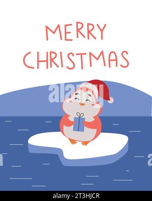 Illustration de Chrismas. Illustration avec un pingouin mignon, paysage d'hiver, cadeaux, arbres de Noël. Inscription Illustration de Vecteur