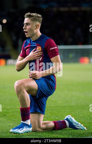 Barcelone, Espagne, 25, octobre 2023. Espagne-football-Ligue des Champions FC Barcelone - Shakhtar Donetsk. (32) Fermin Lopez célèbre son score. Crédit : Joan G/Alamy Live News Banque D'Images