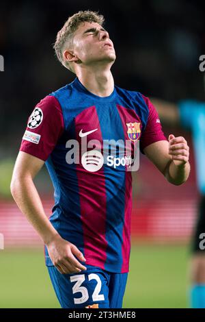Barcelone, Espagne, 25, octobre 2023. Espagne-football-Ligue des Champions FC Barcelone - Shakhtar Donetsk. (32) Fermin Lopez réagit. Crédit : Joan G/Alamy Live News Banque D'Images