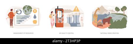 Jeu d'illustrations vectorielles de concept isolé de contrôle environnemental. Gestion des ressources, contrôle de la qualité de l'air, création de parcs nationaux, énergies renouvelables, concept de vecteur de prévention de la pollution. Illustration de Vecteur