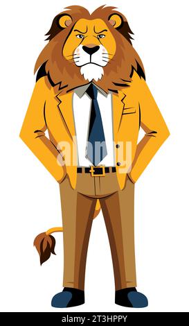 Portrait illustratif de lion confiant portant un costume d'affaires et debout avec les mains dans les poches sur fond blanc Illustration de Vecteur