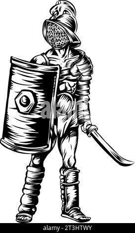 Gladiator guerrier noir et blanc .Vector illustration isolé sur blanc Illustration de Vecteur