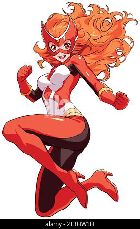 Illustration de style anime de superhéroïne aux cheveux rouges volant sur fond blanc. Illustration de Vecteur