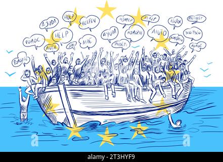 Migration des réfugiés d'Afrique vers l'Europe, demandeur d'asile. Vecteur dessiné à la main Illustration de Vecteur