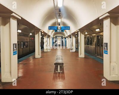 Un train arrive au quai de la gare de LaSalle Street sur la ligne bleue de Chicago, aux États-Unis Banque D'Images