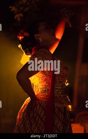 Les femmes balinaises portant des vêtements culturels tout en posant devant la lumière avec des mouvements de danse sur leur corps Banque D'Images