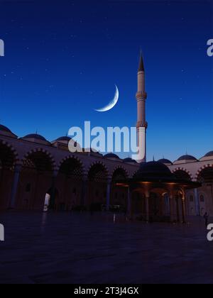 Mosquée minaret lune et étoiles la nuit. Banque D'Images