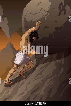 Sisyphus pousse un rocher massif vers le haut, sur fond montagneux. Son visage déterminé révèle le tourment sans fin de sa punition. Illustration de Vecteur