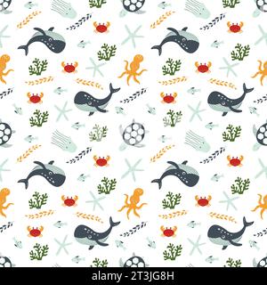 Motif sans couture pour enfants représentant la vie sous-marine. Idéal pour la literie de bébé, tissu, papier peint, papier d'emballage, textiles Illustration de Vecteur