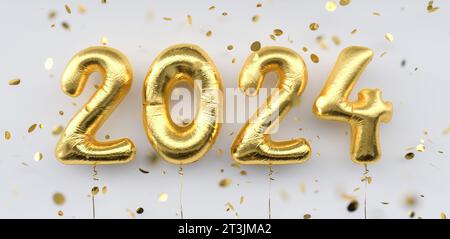 Bonne année 2024. 2024 ballons en feuille d'or et des confettis tombants sur fond blanc. Numéros de ballons d'hélium en or. Concept d'affiche ou de bannière festive Banque D'Images