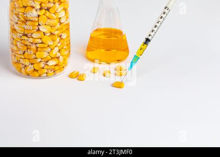 Grains de maïs avec seringue. Cultures génétiquement modifiées, résistant aux herbicides et aux insectes et concept de recherche agricole. Banque D'Images