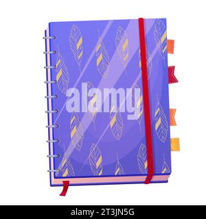 Carnet fermé avec spirale, marques décorées de plumes Boho vue de dessus dans le style de bande dessinée isolé sur fond blanc. Bureau, journal scolaire. Illustration vectorielle Illustration de Vecteur