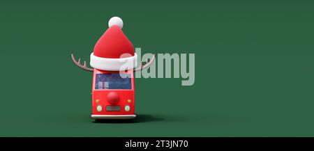 Mignon bus rouge avec le chapeau du Père Noël et des cadeaux de Noël sur fond vert 3D Render illustration 3D. Banque D'Images