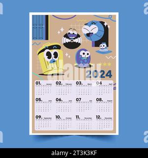 Modèle de calendrier 2024 coloré dans l'illustration vectorielle de conception de style imprimable Illustration de Vecteur