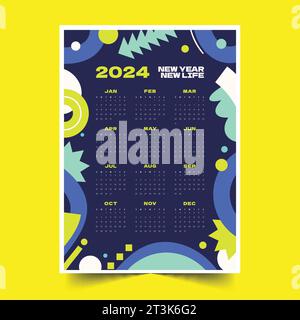 Modèle de calendrier 2024 coloré dans l'illustration vectorielle de conception de style imprimable Illustration de Vecteur
