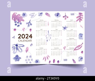 Modèle de calendrier 2024 coloré dans l'illustration vectorielle de conception de style imprimable Illustration de Vecteur