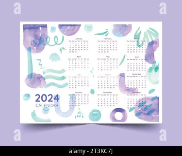 Modèle de calendrier 2024 coloré dans l'illustration vectorielle de conception de style imprimable Illustration de Vecteur