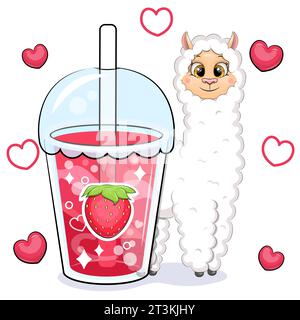 Mignon lama de dessin animé avec une grande boisson à la fraise. Illustration vectorielle d'un animal et une tasse d'eau rouge sur un fond blanc avec des coeurs rouges. Illustration de Vecteur