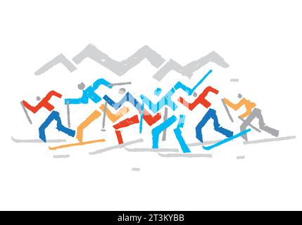 Skieurs de fond, compétition. Un dessin expressif de groupe de concurrents de ski de fond. Vecteur disponible. Illustration de Vecteur