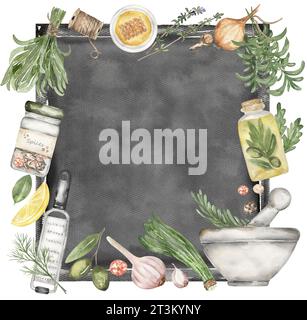 Tableau noir aquarelle avec illustration d'herbes, épices dessinées à la main, herbes et clipart de cadre d'ustensile de cuisine. Clip art alimentaire sain Banque D'Images