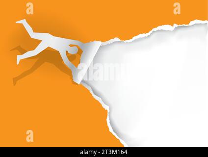 Homme volant, papier déchiré, drôle orange modèle de bannière de papier déchiré. Silhouette de papier de l'homme révélant fond blanc avec place pour votre texte ou image Illustration de Vecteur