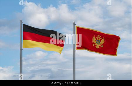 Drapeaux du Monténégro et de l'Allemagne agitant ensemble dans le vent sur un ciel nuageux bleu, concept de relation entre deux pays Banque D'Images